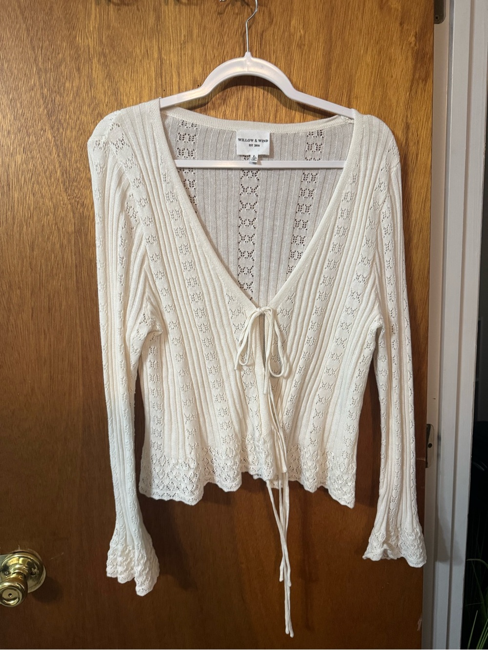 Willow & Wine Cream Crochet Tie-Front Knit Top